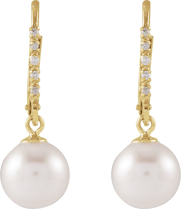 14K Gold Cultured White Freshwater Pearl & Natural Diamond Accented Pearl Earrings - Yellow Gold - view 4