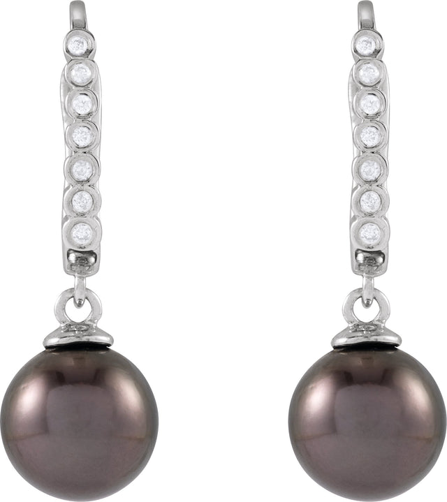 14K Gold Cultured Gray Tahitian Pearl & Natural Diamond Accented Pearl Earrings - view 2