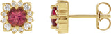 14K Gold Natural Pink Tourmaline & Natural Diamond Round Halo-Style Earrings - Yellow Gold