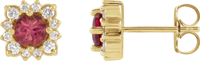 14K Gold Natural Pink Tourmaline & Natural Diamond Round Halo-Style Earrings - Yellow Gold