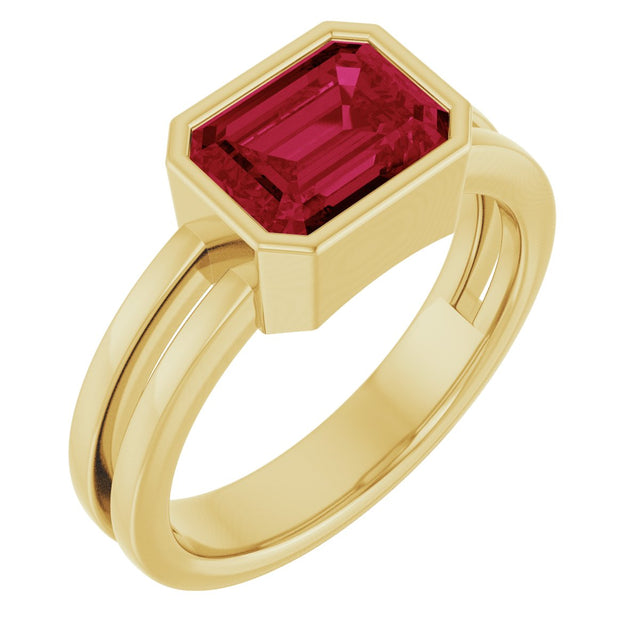 14K Gold Emerald Lab-Grown Ruby Bezel-Set Solitaire Ring - Yellow Gold