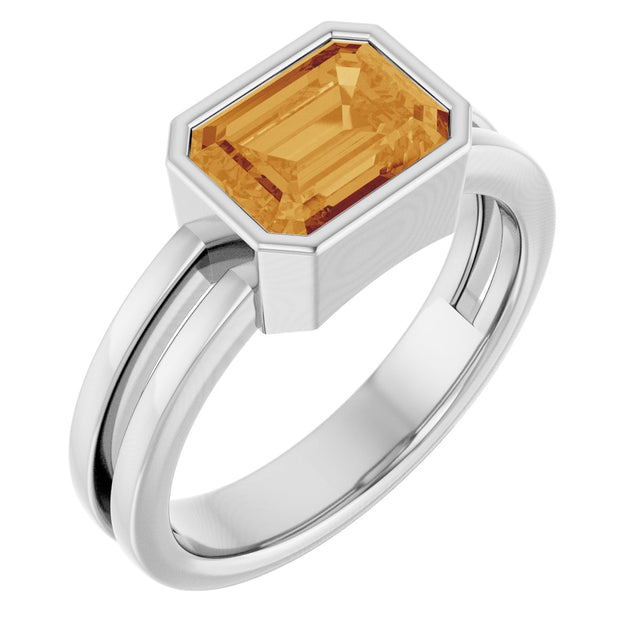 14K Gold Emerald Natural Citrine Bezel-Set Solitaire Ring - White Gold