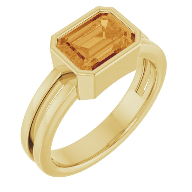 14K Gold Emerald Natural Citrine Bezel-Set Solitaire Ring - Yellow Gold