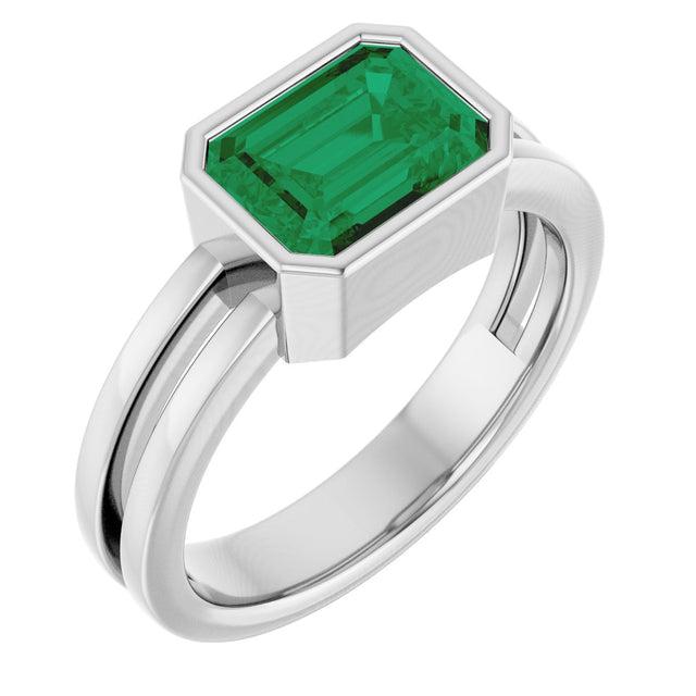 14K Gold Emerald Lab-Grown Emerald Bezel-Set Solitaire Ring - White Gold