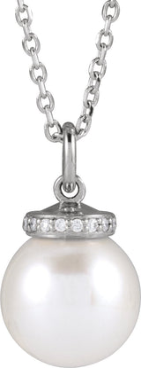 14K Gold Cultured White Akoya Pearl & Natural Diamond Hidden Halo-Style Pearl Necklace or Pendant - White Gold