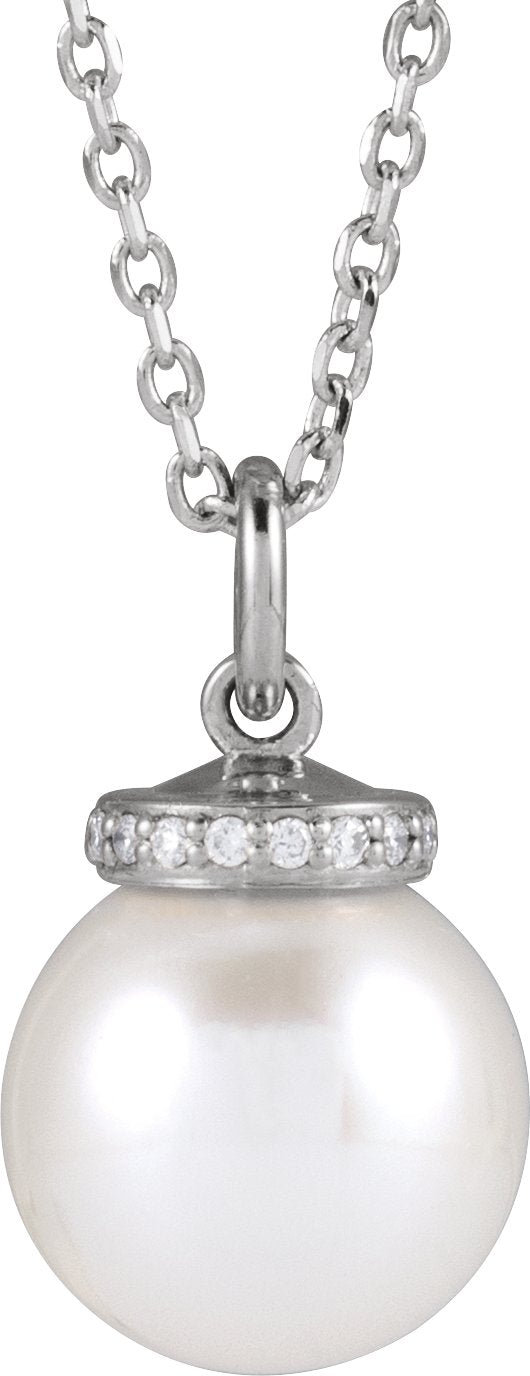 14K Gold Cultured White Akoya Pearl & Natural Diamond Hidden Halo-Style Pearl Necklace or Pendant - White Gold