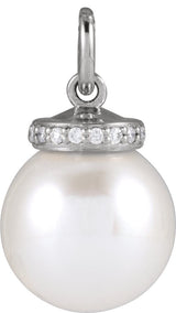 14K Gold Cultured White Akoya Pearl & Natural Diamond Hidden Halo-Style Pearl Necklace or Pendant - White Gold