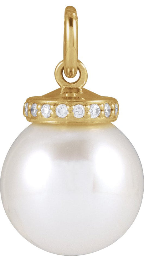14K Gold Cultured White Akoya Pearl & Natural Diamond Hidden Halo-Style Pearl Necklace or Pendant - Yellow Gold