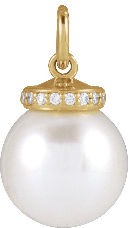 14K Gold Cultured White Akoya Pearl & Natural Diamond Hidden Halo-Style Pearl Necklace or Pendant - Yellow Gold