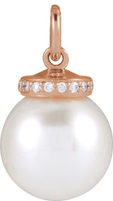 14K Gold Cultured White Akoya Pearl & Natural Diamond Hidden Halo-Style Pearl Necklace or Pendant - Rose Gold