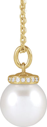 14K Gold Cultured White Akoya Pearl & Natural Diamond Hidden Halo-Style Pearl Necklace or Pendant - Yellow Gold - view 2
