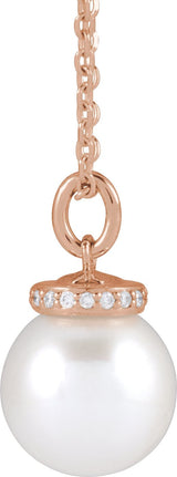 14K Gold Cultured White Akoya Pearl & Natural Diamond Hidden Halo-Style Pearl Necklace or Pendant - Rose Gold - view 2
