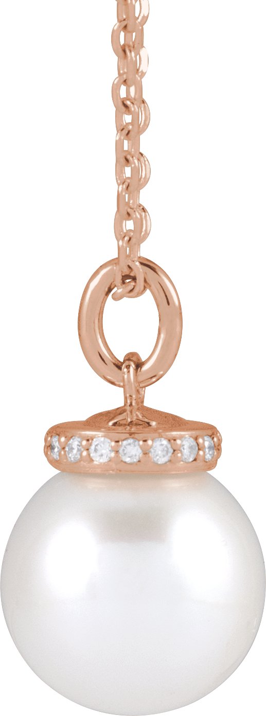 14K Gold Cultured White Akoya Pearl & Natural Diamond Hidden Halo-Style Pearl Necklace or Pendant - Rose Gold - view 2