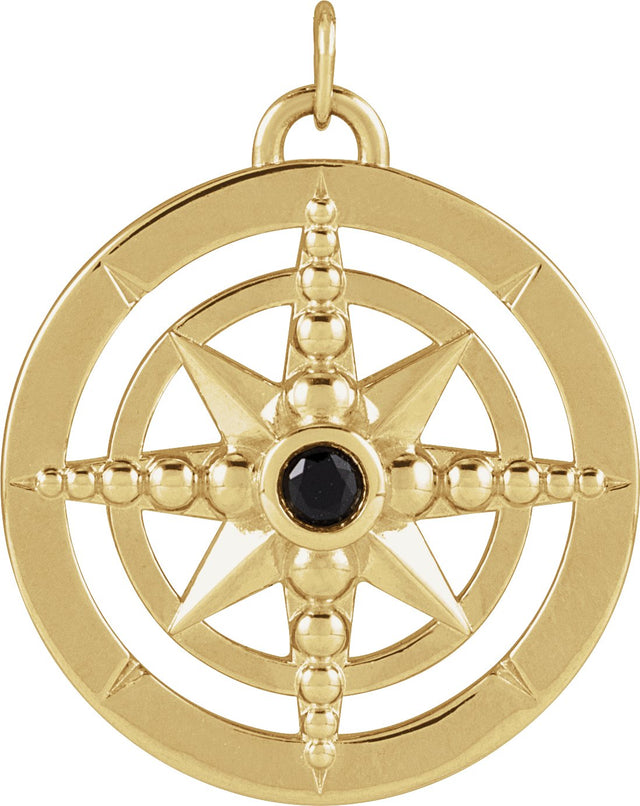 14K Gold Round Natural Black Onyx Compass Necklace or Pendant - Yellow Gold