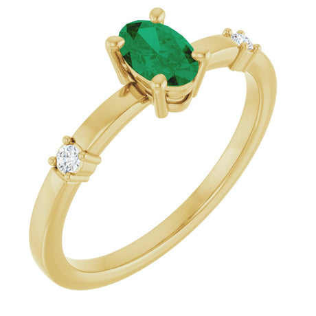 14K Gold Oval Lab-Grown Emerald & Natural Diamond Accented Ring – 6x4mm - Yellow Gold