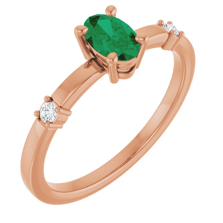 14K Gold Oval Lab-Grown Emerald & Natural Diamond Accented Ring – 6x4mm - Rose Gold