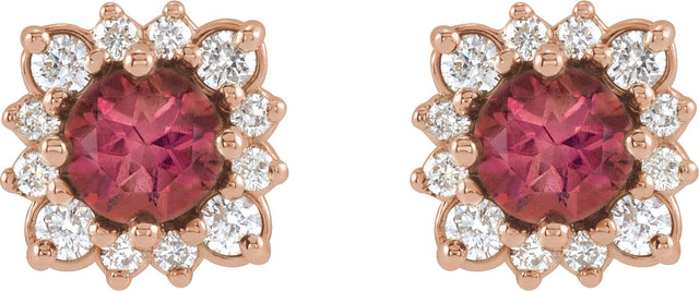 14K Gold Natural Pink Tourmaline & Natural Diamond Round Halo-Style Earrings - Rose Gold - view 2