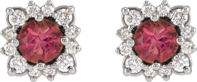 14K Gold Natural Pink Tourmaline & Natural Diamond Round Halo-Style Earrings - White Gold - view 2