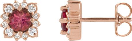 14K Gold Natural Pink Tourmaline & Natural Diamond Round Halo-Style Earrings - Rose Gold