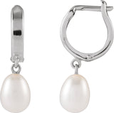 14K Gold Cultured White Freshwater Pearl Pearl Hoop Earrings - White Gold