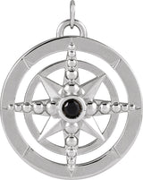 14K Gold Round Natural Black Onyx Compass Necklace or Pendant - White Gold