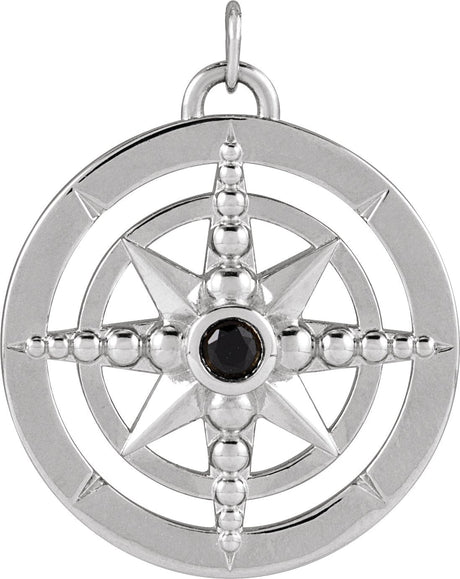 14K Gold Round Natural Black Onyx Compass Necklace or Pendant - White Gold