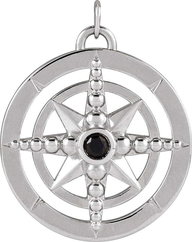 14K Gold Round Natural Black Onyx Compass Necklace or Pendant - White Gold