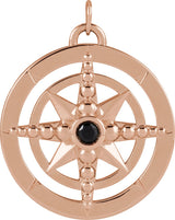 14K Gold Round Natural Black Onyx Compass Necklace or Pendant - Rose Gold