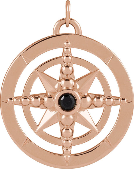 14K Gold Round Natural Black Onyx Compass Necklace or Pendant - Rose Gold