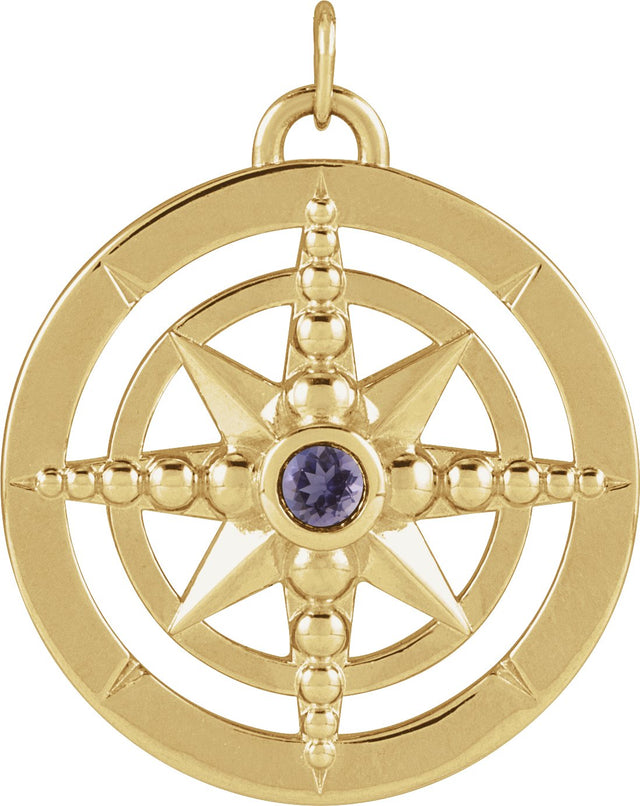 14K Gold Round Natural Iolite Compass Necklace or Pendant - Yellow Gold