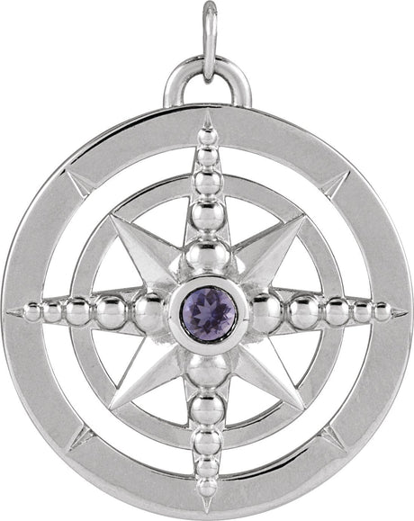 14K Gold Round Natural Iolite Compass Necklace or Pendant - White Gold