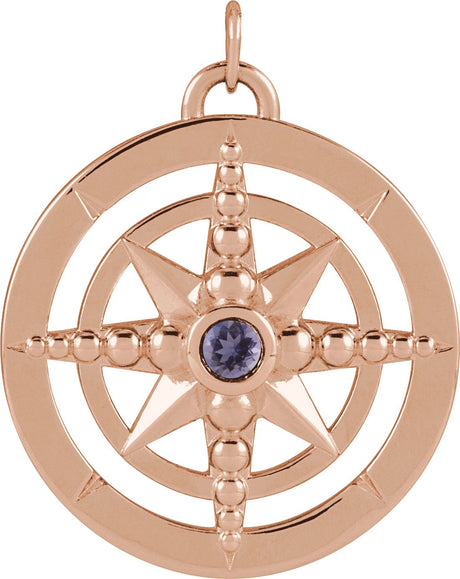 14K Gold Round Natural Iolite Compass Necklace or Pendant - Rose Gold