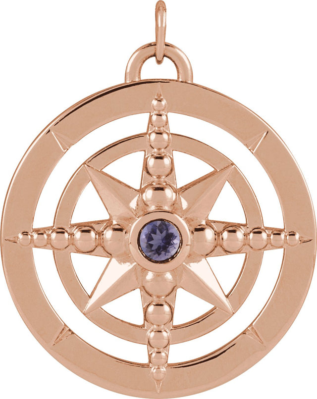 14K Gold Round Natural Iolite Compass Necklace or Pendant - Rose Gold