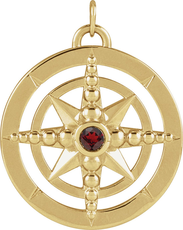 14K Gold Round Natural Mozambique Garnet Compass Necklace or Pendant - Yellow Gold