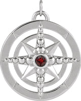 14K Gold Round Natural Mozambique Garnet Compass Necklace or Pendant - White Gold