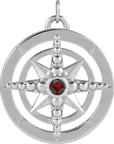 14K Gold Round Natural Mozambique Garnet Compass Necklace or Pendant - White Gold