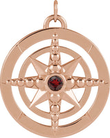14K Gold Round Natural Mozambique Garnet Compass Necklace or Pendant - Rose Gold