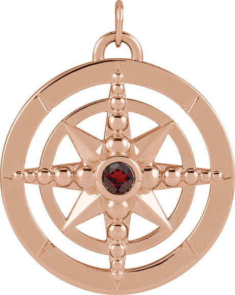 14K Gold Round Natural Mozambique Garnet Compass Necklace or Pendant - Rose Gold