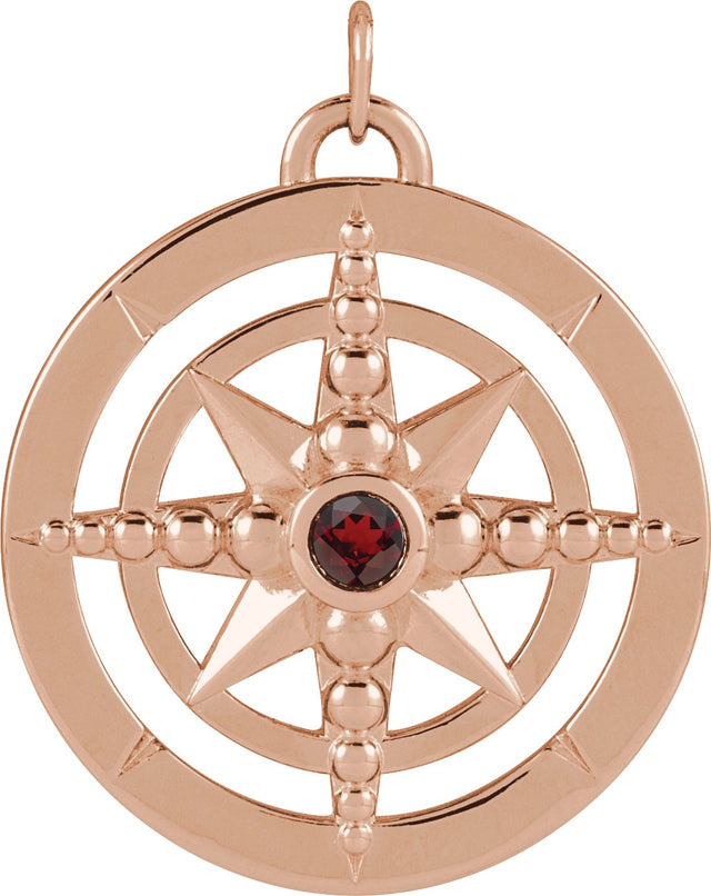 14K Gold Round Natural Mozambique Garnet Compass Necklace or Pendant - Rose Gold