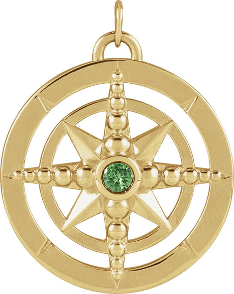14K Gold Round Natural Tsavorite Garnet Compass Necklace or Pendant - Yellow Gold