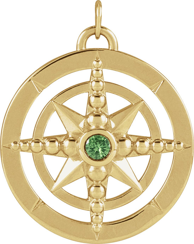 14K Gold Round Natural Tsavorite Garnet Compass Necklace or Pendant - Yellow Gold