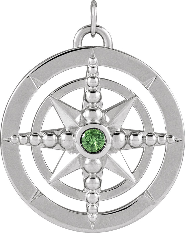 14K Gold Round Natural Tsavorite Garnet Compass Necklace or Pendant - White Gold