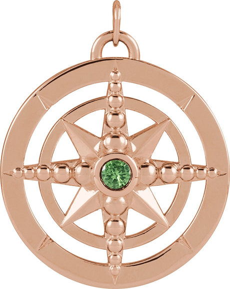 14K Gold Round Natural Tsavorite Garnet Compass Necklace or Pendant - Rose Gold