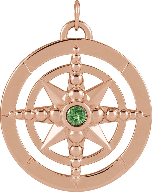 14K Gold Round Natural Tsavorite Garnet Compass Necklace or Pendant - Rose Gold