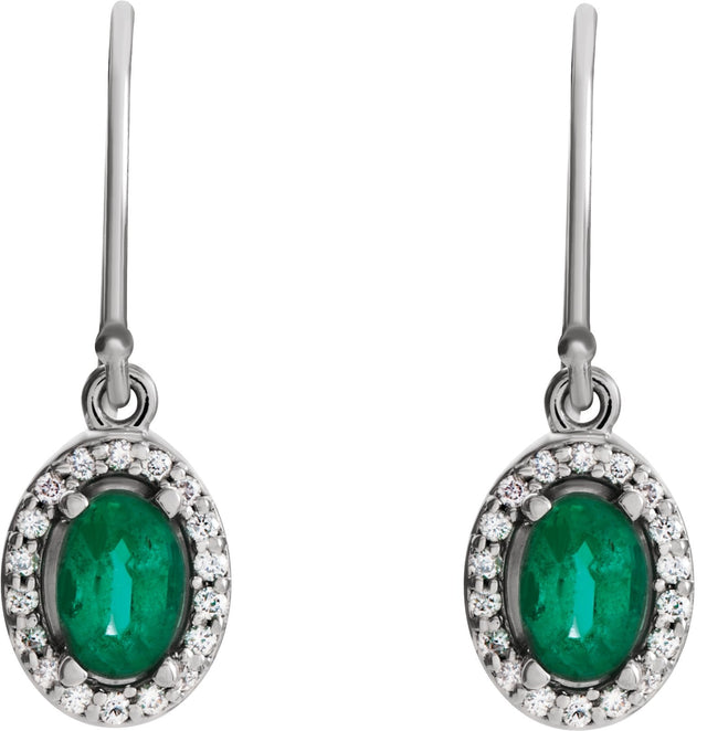 14K Gold Oval Natural Emerald & Natural Diamond Halo-Style Earrings - view 2