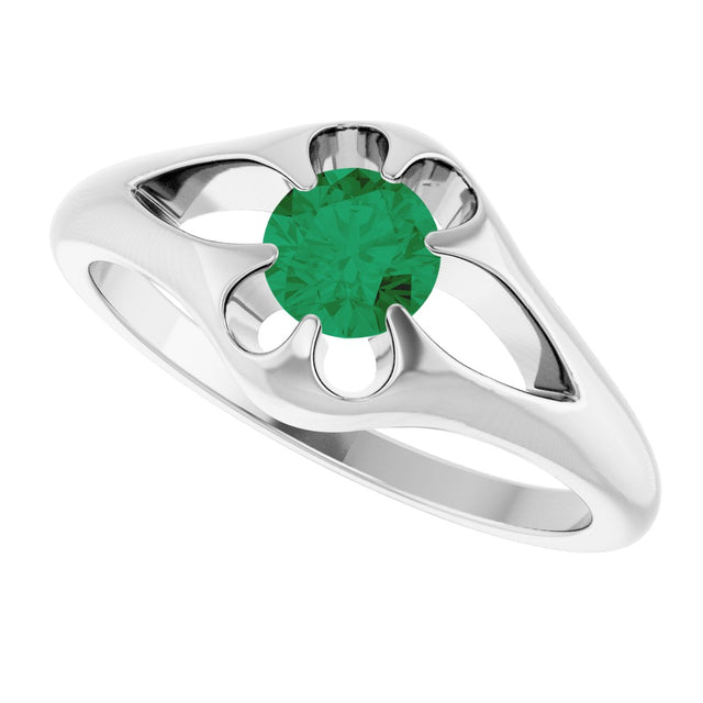 14K Gold Round Natural Emerald Solitaire Belcher Ring - White Gold - view 5