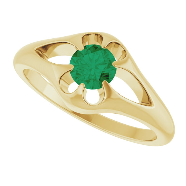 14K Gold Round Natural Emerald Solitaire Belcher Ring - Yellow Gold - view 5