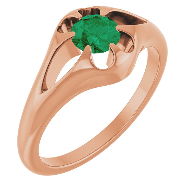 14K Gold Round Natural Emerald Solitaire Belcher Ring - Rose Gold