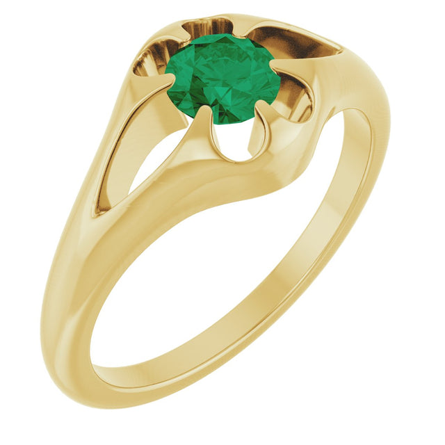 14K Gold Round Natural Emerald Solitaire Belcher Ring - Yellow Gold