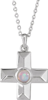 14K Gold Round Natural White Opal Cross Pendant - White Gold